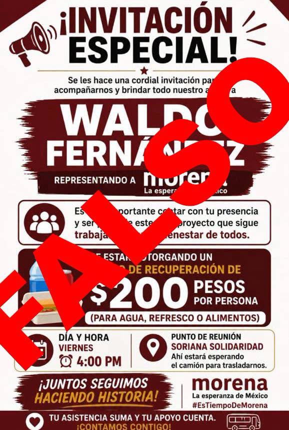 Inicia la «guerra sucia», difunden falsa información de Waldo, ofreciendo 200 pesos para asistir a evento
