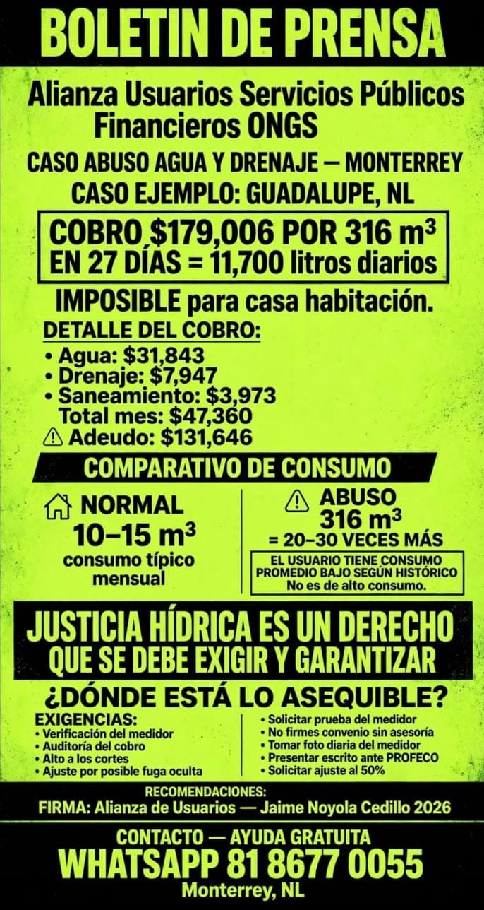 Alianza de Usuarios denuncia abusos en tarifas de Agua y Drenajede Monterrey